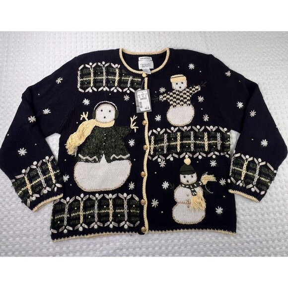 Vintage Snowman Cardigan Hand Embroidered Christopher & Banks Size L Christmas - Picture 1 of 16